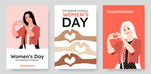 Inspireinclusion. 2024 International Women's Day vertical banners set. Cartoon women showing sign of heart with their hands. Design for poster, campaign, social media post. Vector illustration. - obrazy, fototapety, plakaty