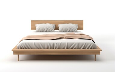 Wooden platform bed, Contemporary platform double bed Isolated on white background.