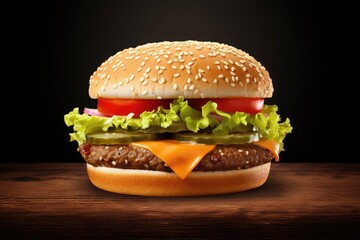 Fresh tasty burger on dark background and wooden board