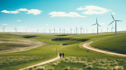 Two people walking through a field of wind turbines