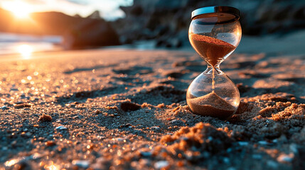 An hourglass in the sand on the beach - obrazy, fototapety, plakaty