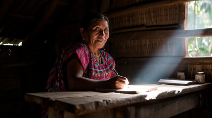 An indigenous woman writing in a notebook - obrazy, fototapety, plakaty