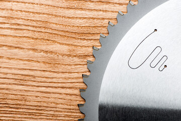 circular saw blade close-up. circular saw on a wooden table.