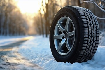 Winter tire covered in snow snowy road ice icy car wheel drive safety safe driving transportation condition change vehicle auto slippery danger frost protection climate dangerous offroad environment