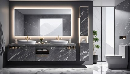 Sleek grey marble bathroom with LED lighting, double vanity, and freestanding tub. Generative AI