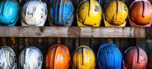 Colorful construction helmets lined up on shelf. Safety equipment.
