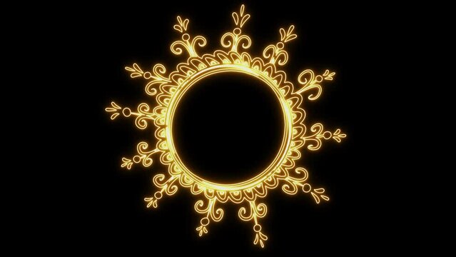 Animated Glowing Neon Gold Light Frame Template. Decorative Illuminated Frame with Traditional Ornaments. Ramadan and Islamic Concept Banner or Title Bar template.