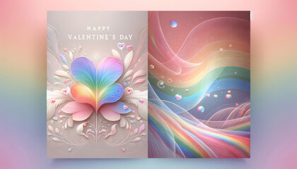 greeting valentine card with rainbow, pastel colors, unicorn field concept background