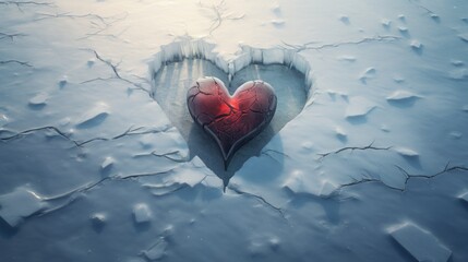 A beautiful romantic heart against the background of white frosty snow in winter. The concept of love and Valentine's Day. Abstract background. A symbol of love and loyalty. - obrazy, fototapety, plakaty