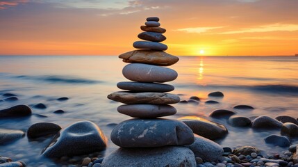 A balanced pyramid of pebbles on the beach with the ocean in the background. Zen stones on the sea beach, meditation, spa, the concept of harmony, tranquility, balance. Sunrise or sunset.