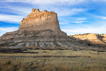 Scottsbluff National Monument at sunset and neighboring butte landscape in the high plain's prairie...