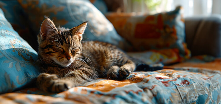 Kitten dozing on the sofa after playing and breakfast, love and care for pets, concept with free space for World Sleep Day