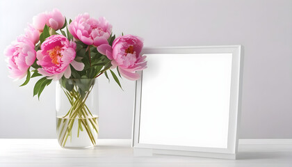 Creative romantic composition of lightbox with copy space and bouquet of pink peony flowers in the vase on the white table on light interior. blank greeting card text created with generative ai