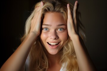 Fototapeta premium Beautiful blonde young woman with toothy smile with hands on her head looking surprised with perfect skincare and healthy eyes