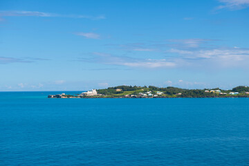 Fort St. Catherine and St. George's Island aerial view, viewed from the sea. The fort is near St. George's Town in Bermuda and is a World Heritage Site since 2000. 