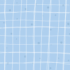 Hand drawn white blue plaid pattern. Check, square doodle background. Line art freehand grid. Crossing white stripes brush stroke. Notebook Texture. Abstract Psychedelic print with Wavy Doodle Stripes