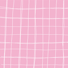 Hand drawn pink white plaid pattern. Check, square doodle background. Line art freehand grid. Crossing white stripes brush stroke. Notebook Texture. Abstract Psychedelic print with Wavy Doodle Stripes