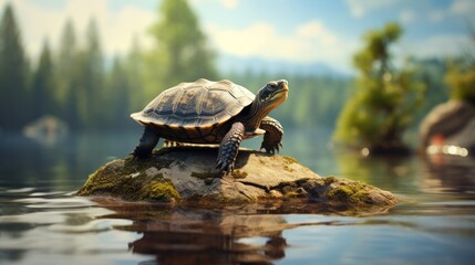 A big turtle, a beautiful shell. A group of wild turtles in the lake. Turtles sit on a rock and bask in the sun. Wildlife, zoo, nature reserve.