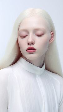 studio fashion portrait of albino female model