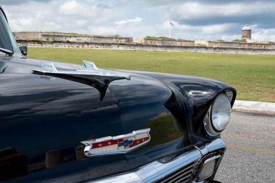 Detail on a hood and badge of Chevrolet Bel Air 1956 sedan in Havana, Cuba