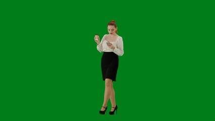 Portrait of attractive office girl on chroma key green screen. Woman in skirt and blouse walking...