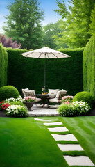 Backyard patio outdoors with flowers, grass, hedges, and a sitting area among the landscaping