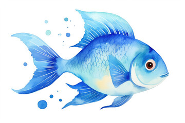 Watercolor blue fish on a white background illustration kids picture