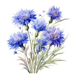 Watercolor blue cornflowers on white background, png