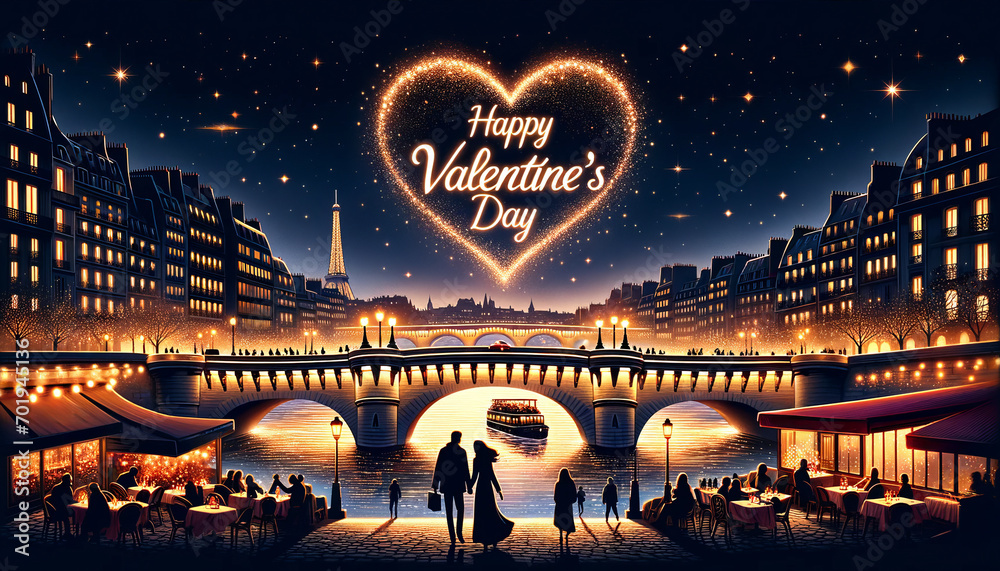 Wall mural Valentine's Day banners with a French amore theme romantic streets of night Paris and views