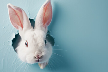 Fototapeta premium Adorable white bunny looking through the hole in the blue baclkroung. Easter add. copy space. High quality photo