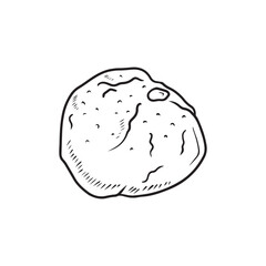 Tasty delicious home made christmas donut loaf bun with citron pineapple candied fruit in black isolated on white background. Hand drawn vector sketch illustration in doodle vintage engraved line art.
