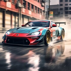 Drifting sports car in motion. Fast driving. Generative AI