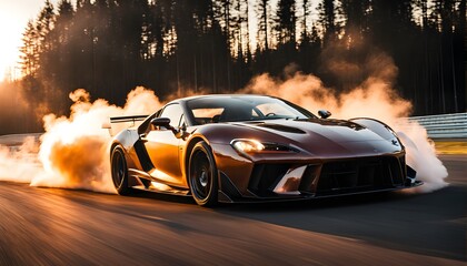 Sports car in a dynamic drifting action on a racetrack. Generative AI