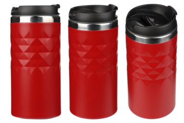 Model as thermos cup, clean material. Red clean thermos cup with black lid, blank for text. Copy space. Isolated transparent background, png background. Different shooting angle, triple set photo.