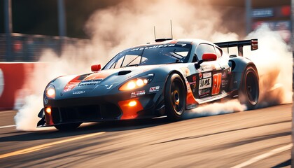 Sports car in a dynamic drifting action on a racetrack. Generative AI