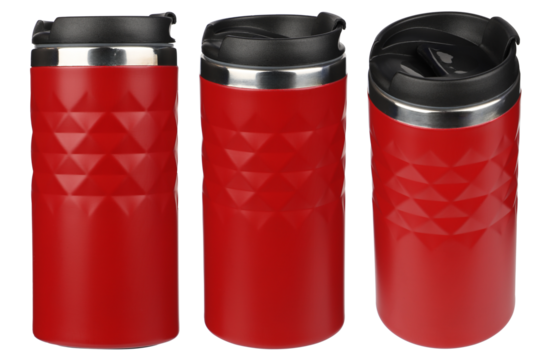 Model as thermos cup, clean material. Red clean thermos cup with black lid, blank for text. Copy space. Isolated transparent background, png background. Different shooting angle, triple set photo.