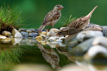 Fototapeta premium Two house sparrows, female at the water of the bird watering hole. Reflection on the water. Czechia.
