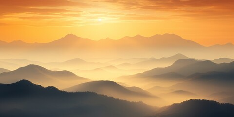 Majestic sunrise unveils a tranquil cloudscape over fog-kissed mountains, creating a scenic dawn panorama.