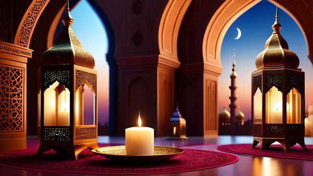 Ramadan Lantern, Mosque and Crescent Moon Decoration Background 3d Render. Generative AI.