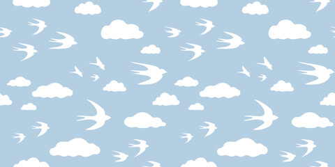 Seamless pattern with abstract silhouettes of birds, swallows, clouds against the sky. Vector graphics.