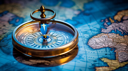 Magnetic old compass on world map