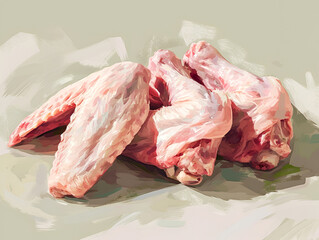 Raw chicken wings art illustration. Digital painting of raw poultry. Sketched raw wings on abstract, 2D illustration
