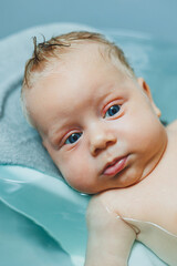 Bathing a two-month-old baby in a bathtub, the child lies on a plastic stand. Baby care.