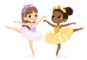 Two dancing girls. Ballerinas dancing in pink and yellow dresses