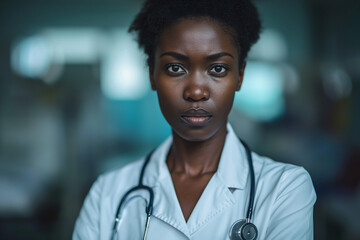 Serious black woman doctor looking at camera - obrazy, fototapety, plakaty