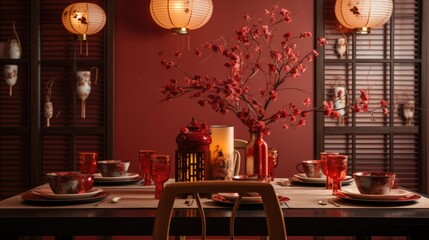 Chinese dining room decorated for lunar new year celebration - obrazy, fototapety, plakaty