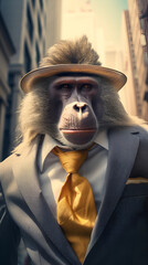 Mandrill baboon monkey dressed in a suit in a street of wall street