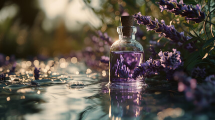 Bottle with the essential oil surrounded by lavender