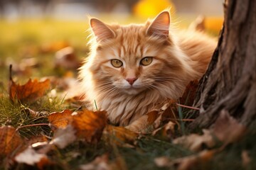 Naklejka na ściany i meble Graceful red cat, eyes ablaze in yellow, lounging on autumn grass