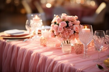 Obraz na płótnie Canvas Elegant table setting Pink tablecloth, crystal candlesticks, and floral arrangement
